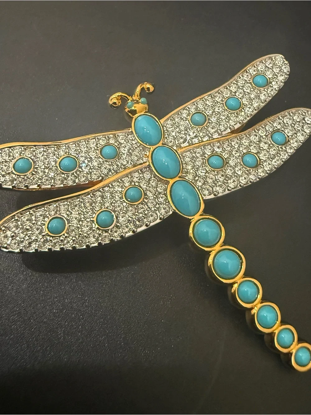 Rare Retired SWAROVSKI Swan Signed Pave Crystal Faux Turquoise Dragonfly Brooch